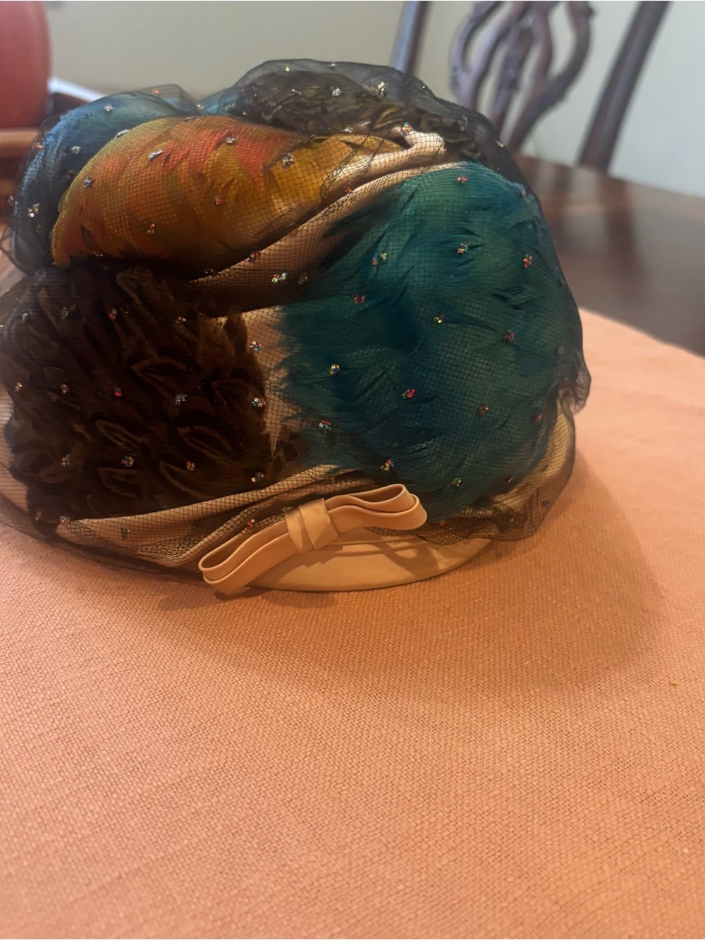 Vintage 50-60’s Marche Exclusive Multi Color Feather Pillbox Cocktail Hat Veiled